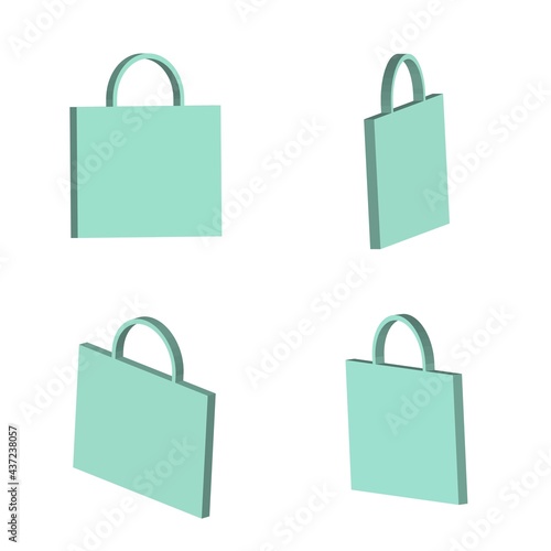 3D cyan color shopping bag design collection vector illustration on a white background, 3D cyan shopping bag shape for multiple uses, Shopping bag for marketing uses.