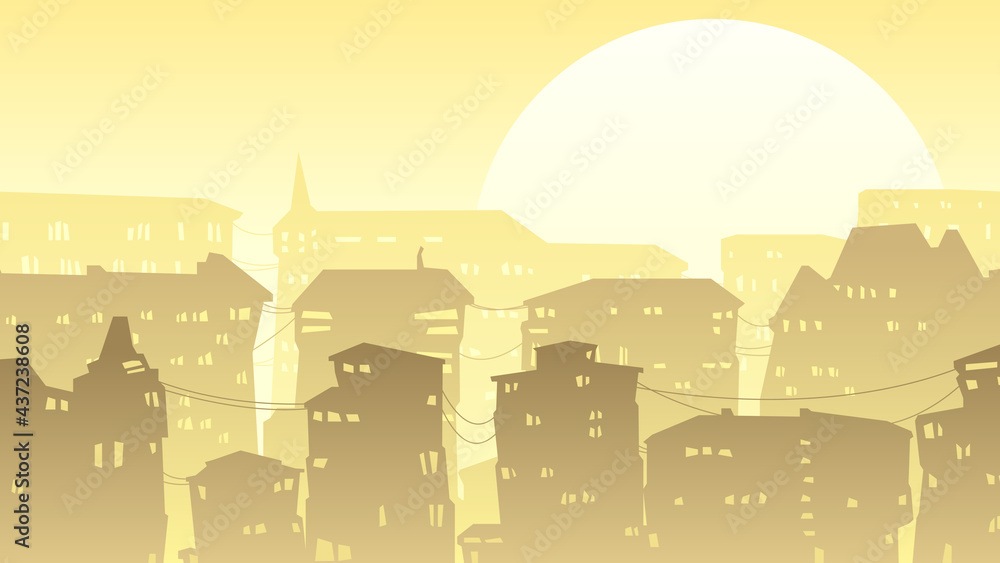 Horizontal cartoon stylistic illustration of downtown part of the city with roofs and windows at sunset.