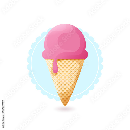 Różowe lody w wafelku na niebieskiej serwetce. Roztapiający się słodki deser. Lód w rożku, jedna kulka - wzór tła lub tapety. Smak truskawkowy.	
