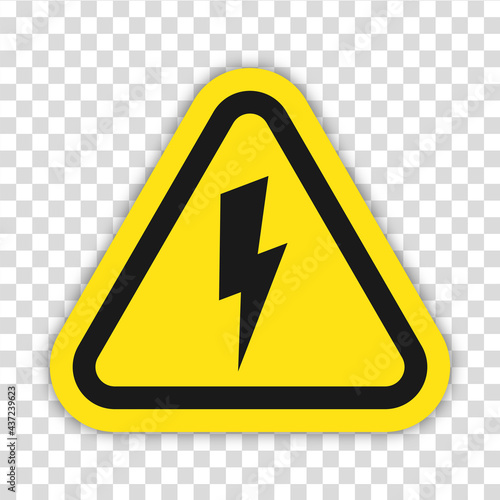 Danger high voltage sign vector. Isolated black and yellow triangle sign with eletric lightning. Electrical shock hazard icon. Vector to PNG illustration.