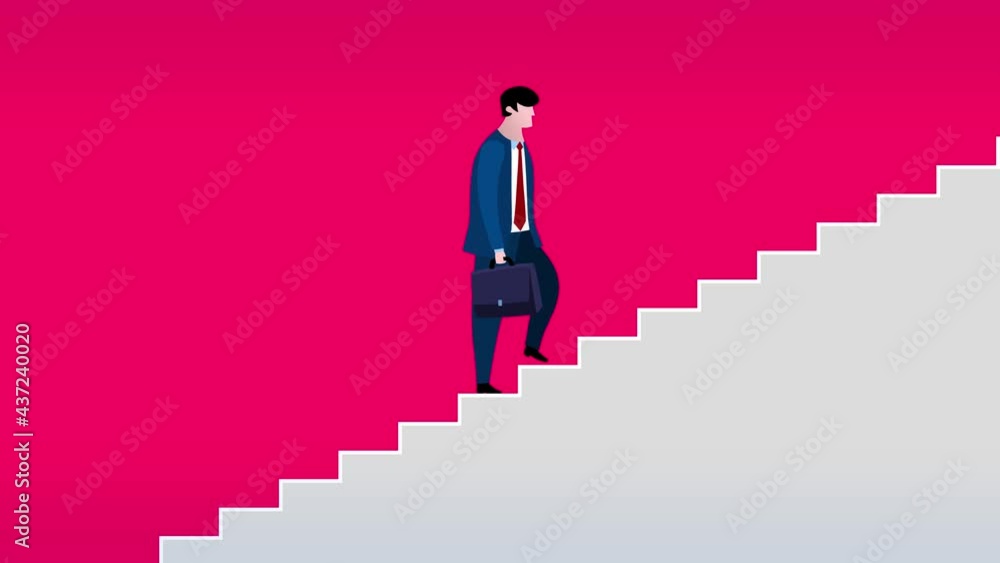 Cartoon businessman character going up the stairs. Business metaphor of progress, success, career advancement, climbing up career ladder or stairs. Seamless loop. Cartoon businessman character going up the stairs. Business metaphor of progress, success, career advancement, climbing up career ladder or stairs. Seamless loop.