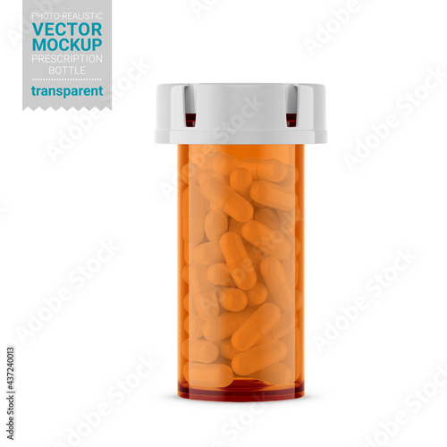 Orange transparent prescription bottle mockup. Vector illustration.