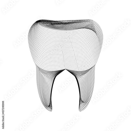 Tooth silhouette consisting of black dots and particles. 3D vector wireframe of a molar dent with a grain texture. Abstract geometric dental icon with dotted structure isolated on a white background