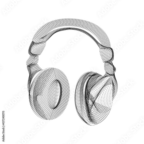 Headphones silhouette consisting of black dots and particles. 3D vector wireframe of an audio device with a grain texture. Abstract geometric icon with dotted structure isolated on a white background