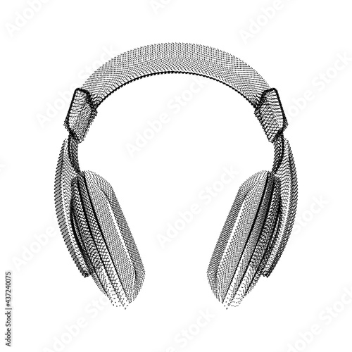 Headphones silhouette consisting of black dots and particles. 3D vector wireframe of an audio device with a grain texture. Abstract geometric icon with dotted structure isolated on a white background