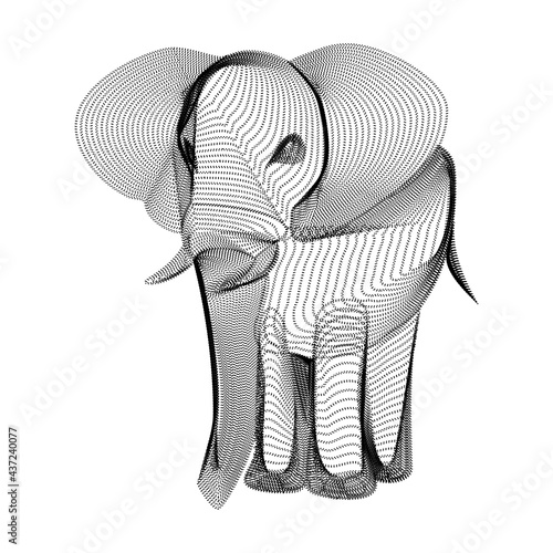 Elephant silhouette consisting of black dots and particles. 3D vector wireframe of indian animal with grain texture. Abstract geometric icon with dotted structure. Front view of walking circus mammal
