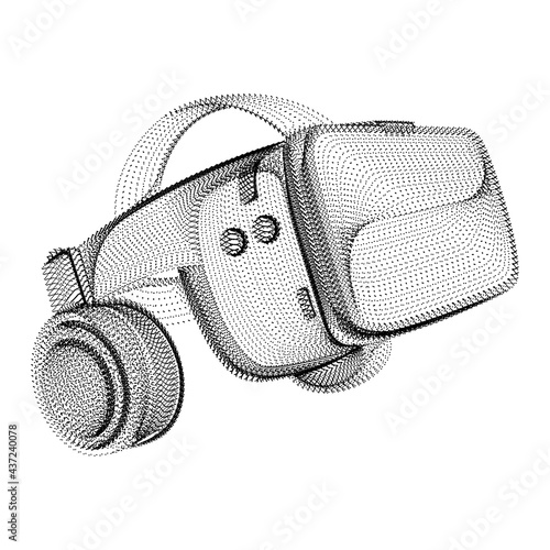 Headset silhouette consisting of black dots and particles. 3D vector wireframe of a virtual reality helmet with a grain texture. Video game device icon with abstract dotted structure isolated on white
