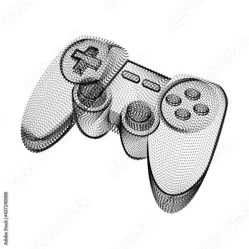 Joystick silhouette consisting of black dots and particles. 3D vector wireframe of a gamepad controller device with a grain texture. Abstract geometric icon with dotted structure isolated on white