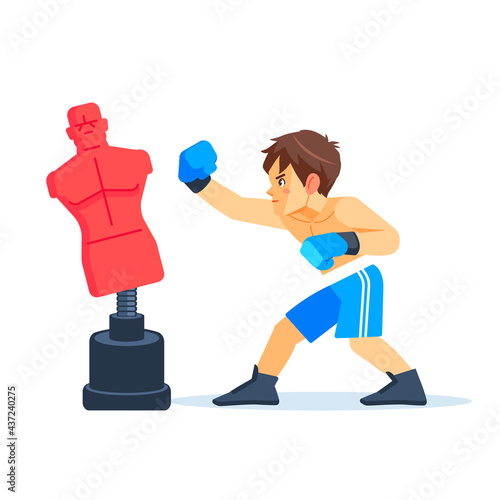 Boxer boy training with punching dummy. Teenager boxing, hitting a Punching bag - mannequin. Fitness, sport, training, will power and lifestyle concept. Cartoon vector illustration on white.