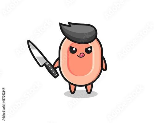 cute soap mascot as a psychopath holding a knife