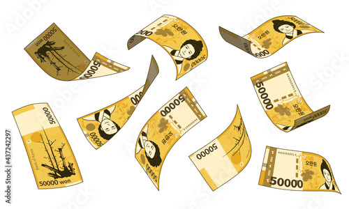 Korean currency, different types set of falling paper money. South Korean 50,000 won.