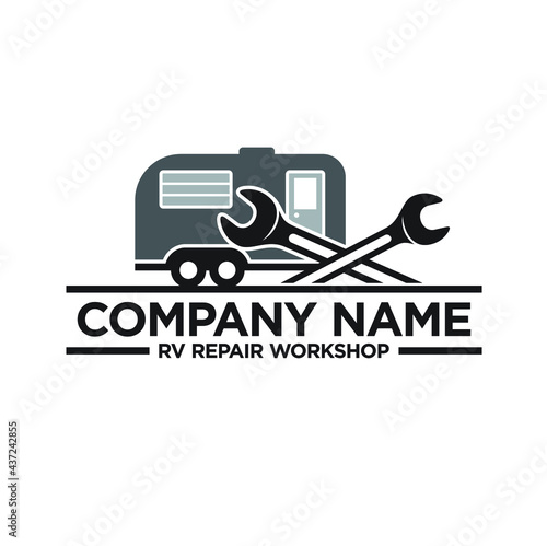 illustration of rv trailer and wrench, logo template for rv trailer and camper van repair services.