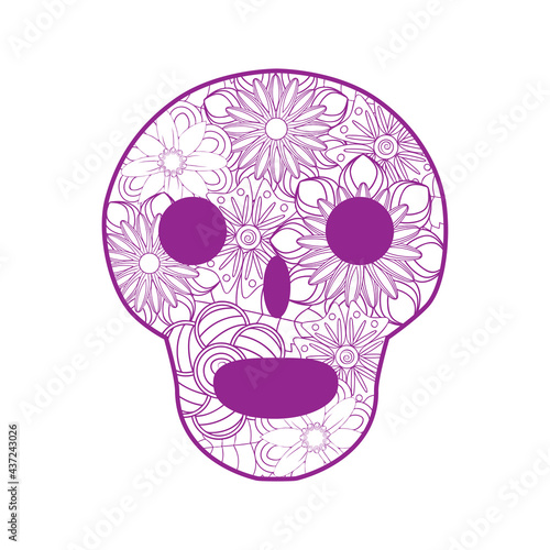 Mexican sugar skull with flowers for Day of the Dead skull. illustration of tribes. outline for coloring book page design. © MichiruKayo
