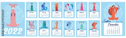 Horoscope Vertical calendar for 2022 with female zodiac signs, week starts on Sunday. A4 format. Zodiac signs: Capricorn, Aquarius, Aries, Pisces, Virgo, Libra, Scorpio, Sagittarius, Taurus