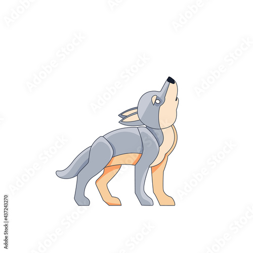 Little wolf cub howls in the sky. Cartoon character of a dangerous mammal animal. A wild forest creature with gray fur. Side view. Vector flat illustration isolated on a white background