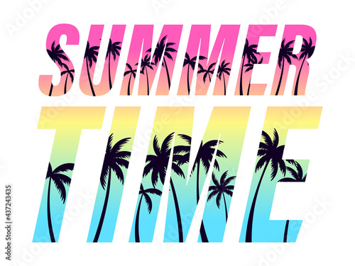 Summer time. Text with palm trees on a sunset. 80s retro design for banner, poster and party invitations. Vector illustration