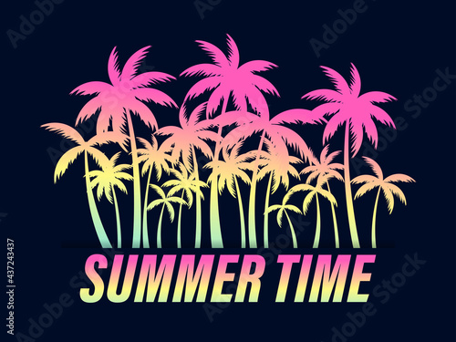 Summer time. Palm trees with a gradient on a black background. Design for advertising brochures, banners, posters and travel agencies. Vector illustration