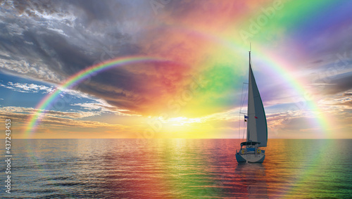 Yacht sailing in open sea at stormy day - Anchored sailing yacht on calm sea with tropical storm and double sided rainbow in the background © muratart
