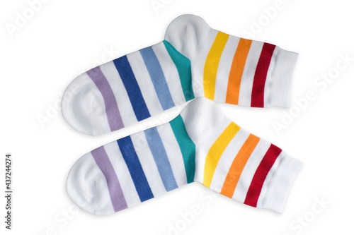 white socks in stripes of different colors on a white background, isolate