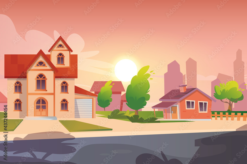 the house in the city with sunset background vector illustration