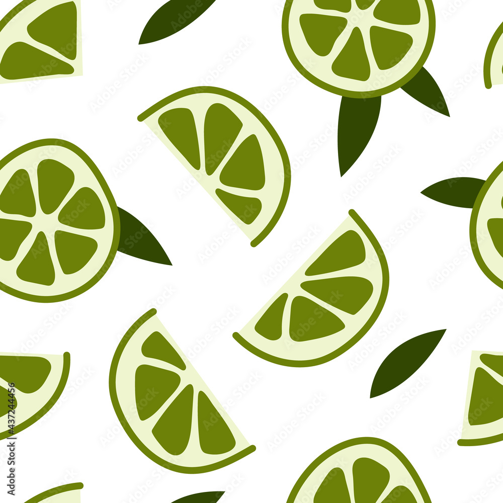 Obraz premium Seamless pattern with fresh lime and mint. Mojito, mohito. Summer fruit, tropical citrus background. Vector flat cartoon illustration. Perfect for textile, fabric, wrapping paper