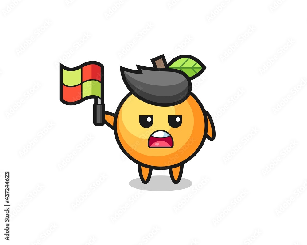orange fruit character as line judge putting the flag up
