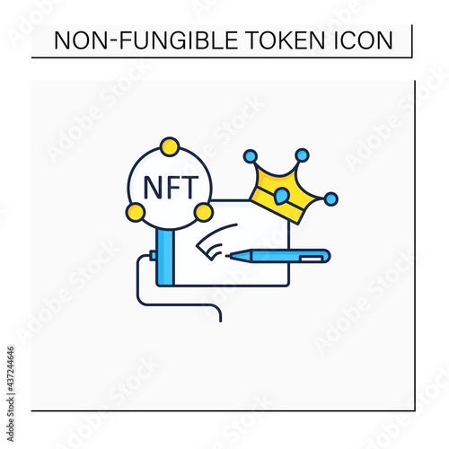 NFT digital art color icon.Arts with non fungible token coins. Selling.Represent digital files. Used to commodify digital creations. Cryptocurrency concept. Isolated vector illustration