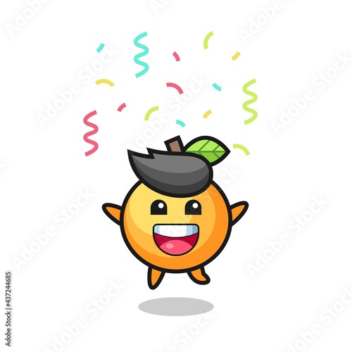 happy orange fruit mascot jumping for congratulation with colour confetti