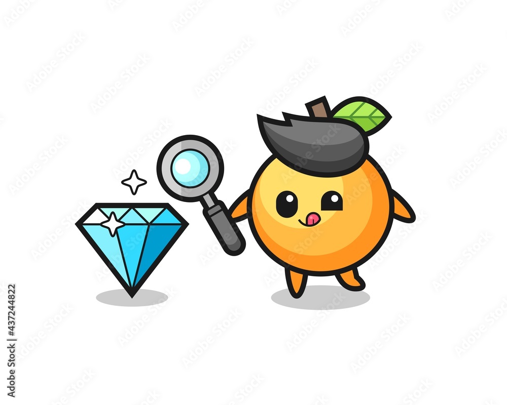 orange fruit mascot is checking the authenticity of a diamond orange fruit mascot is checking the authenticity of a diamond