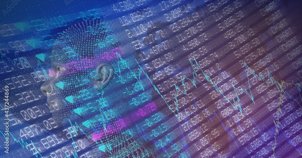 Obraz premium Composition of human bust formed with binary coding and financial data processing