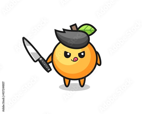 cute orange fruit mascot as a psychopath holding a knife