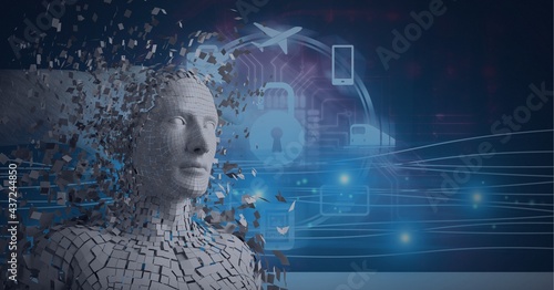 Composition of exploding human bust formed with particles over online icons and glowing light trails