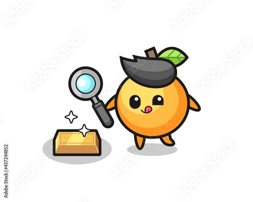 orange fruit character is checking the authenticity of the gold bullion