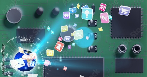 Composition of glowing globe and digital icons over computer processor circuit board server