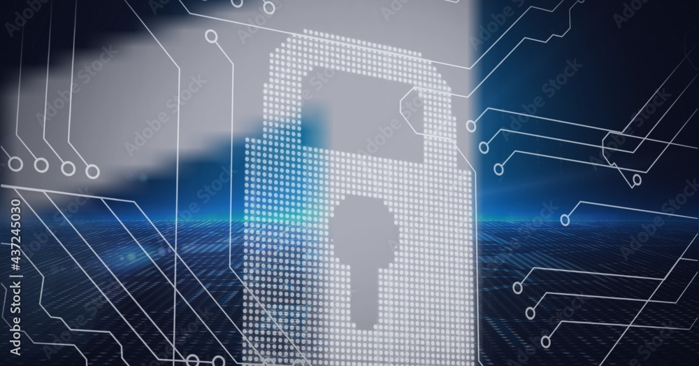 Naklejka premium Composition of online security padlock over computer processor circuit board