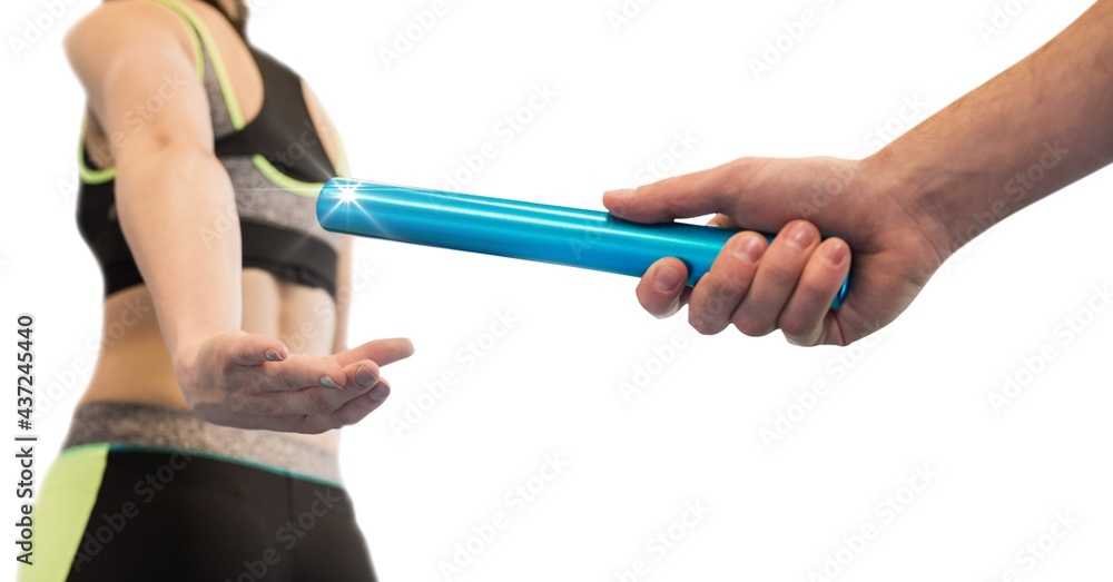 Composition of caucasian athletes passing blue relay baton isolated on white background