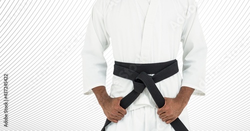 Composition of caucasian male martial artist with black belt over stripes on white background
