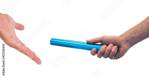 Composition of caucasian athletes passing blue relay baton isolated on white background