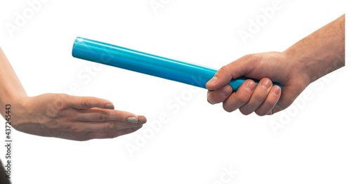 Composition of caucasian athletes passing blue relay baton isolated on white background