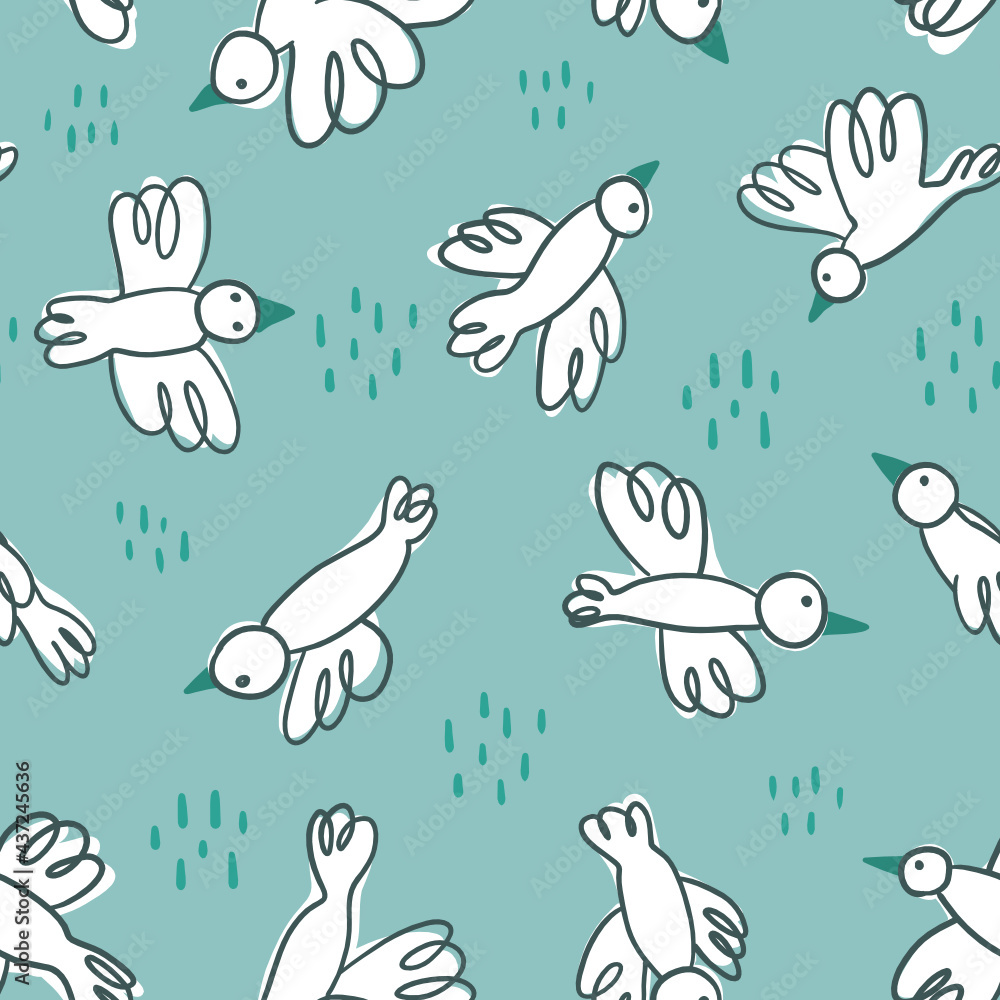 White flying birds childish vector seamless pattern - for kids fabric, wrapping, textile, wallpaper, background.