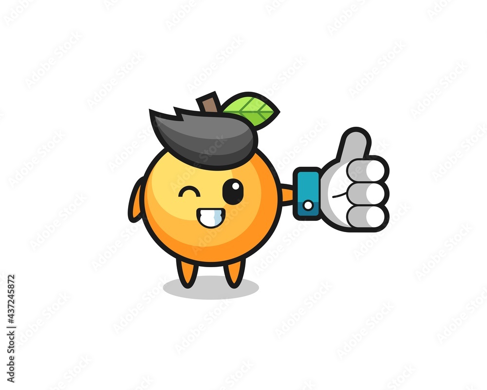 cute orange fruit with social media thumbs up symbol
