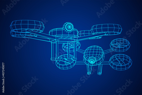 Drone flying with action video camera. Wireframe low poly mesh vector illustration