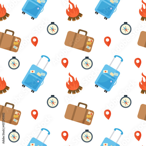 Travel items seamless pattern. Isolated items for printing. Bonfire, suitcase, compass