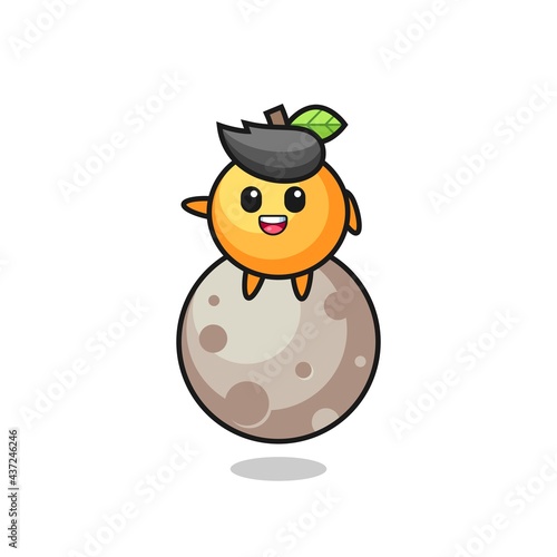 illustration of orange fruit cartoon sitting on the moon