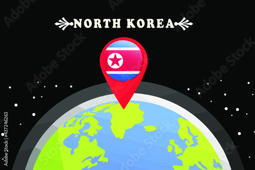 North Korea Flag in the location mark on the globe