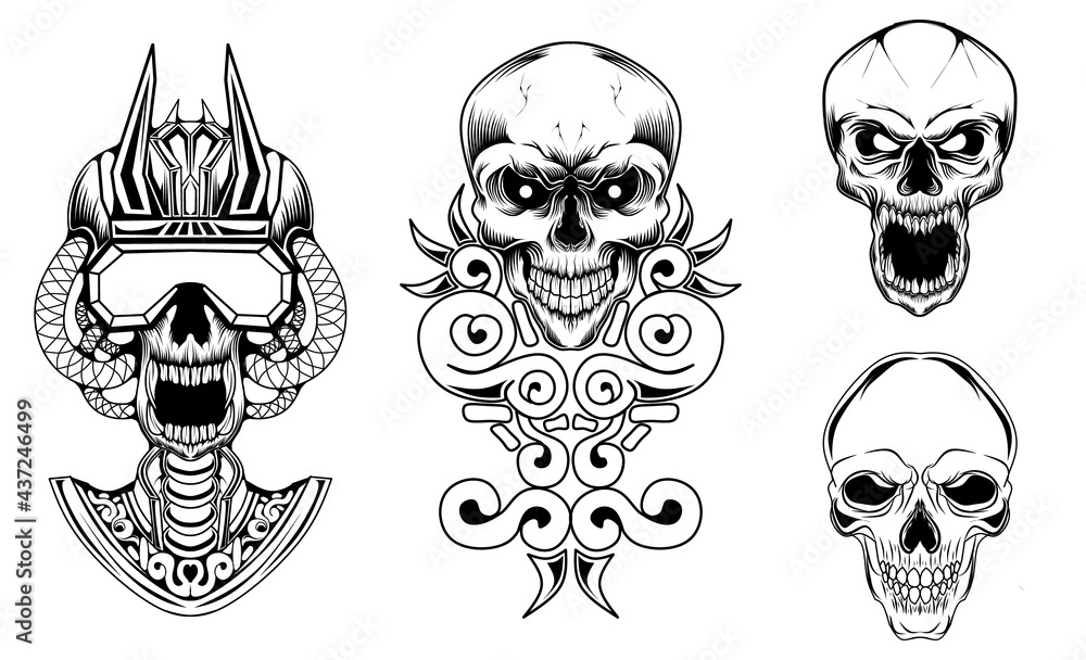 Fototapeta premium black and white skull sketch collection of illustrations