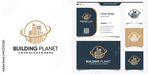 Building planet logo template with linear style and business card design