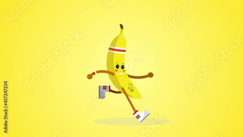 Banana running cycle. Funny Banana cartoon character running over yellow background. colorful banana animation loop . exercising healthy fitness lifestyle. Healthy food concept.