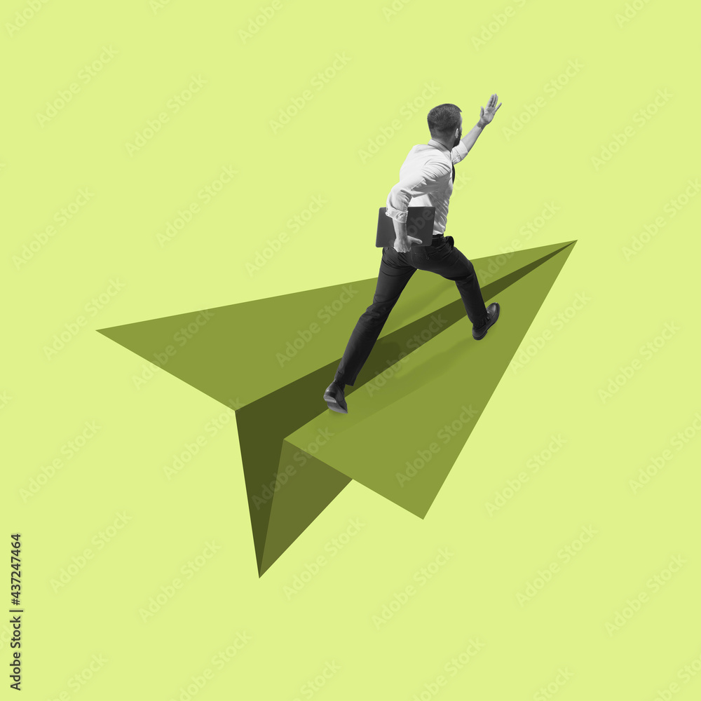 Young man manager, finance analyst or clerk in office suit flying on drawn plane isolated on purple background. Collage, illustration Young man manager, finance analyst or clerk in office suit flying on drawn plane isolated on purple background. Collage, illustration