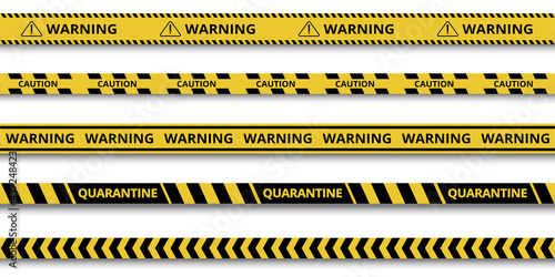 Strips of quarantine. Warning caution sign. Black and yellow danger zone line. Brushes included.